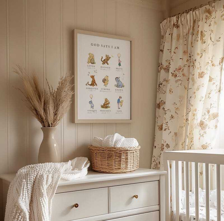 Winnie the Pooh motivational Bible verse canvas, rainbow pastel border, cheerful Christian nursery wall art, horizontal