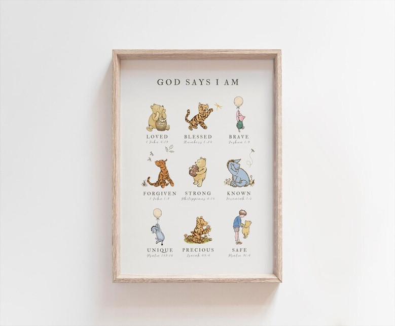 Winnie the Pooh scripture nursery canvas, stars and moon night sky motif, soothing blue-gray tones for toddler room decor, portrait