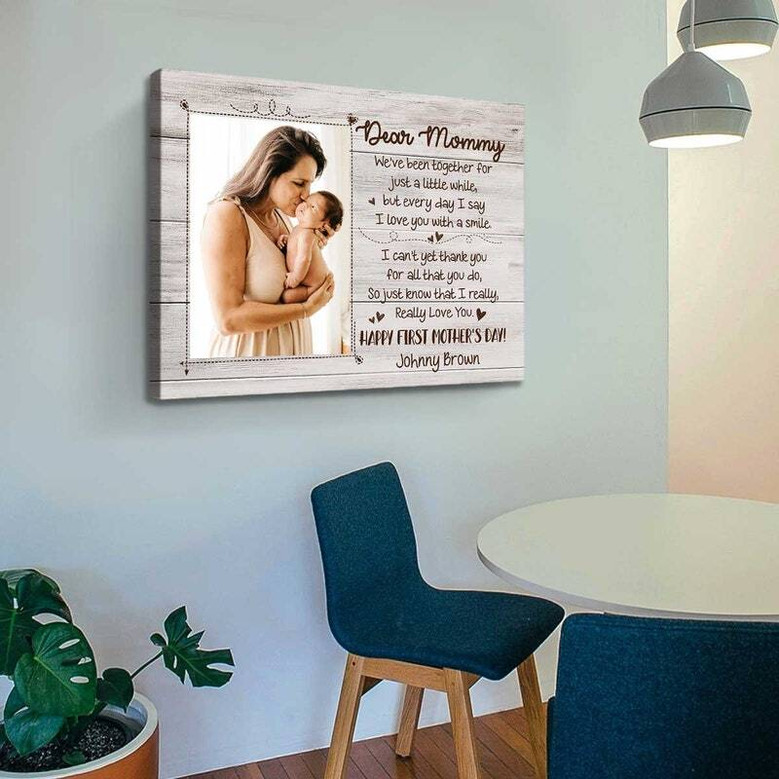 Mother and baby custom canvas for a first Mother’s Day, from baby to mom, personalized with names and date, keepsake