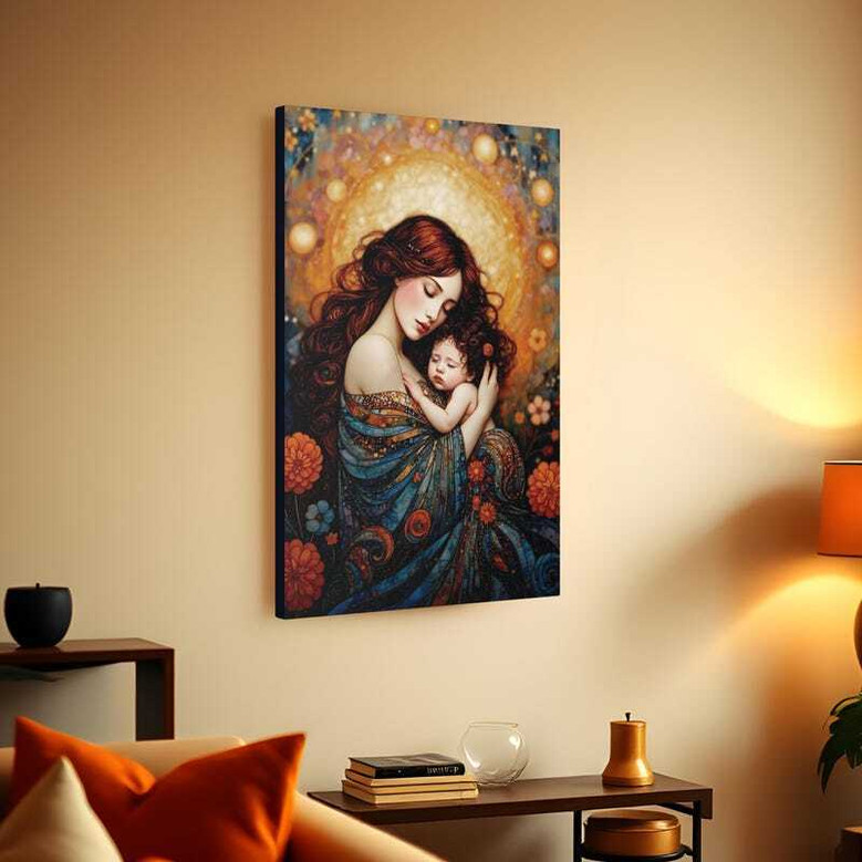 Heartwarming mother and baby canvas in folk art, deep teal tones with boho accents, square layout for living room