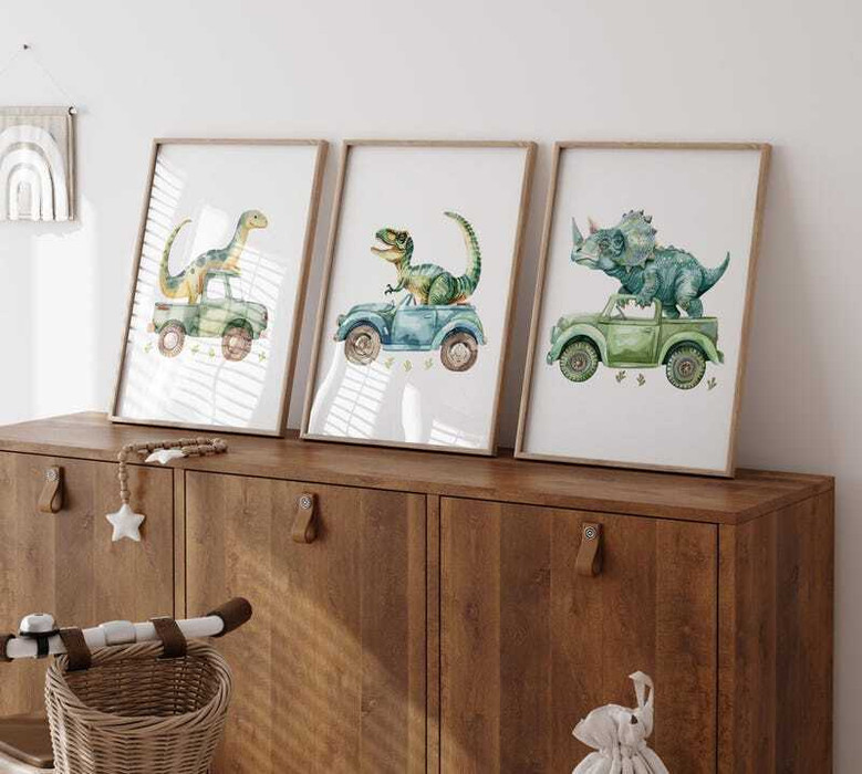 Dinosaur nursery canvas art prints set of 3 with cute T-rex, stegosaurus, triceratops for boys bedroom wall decor