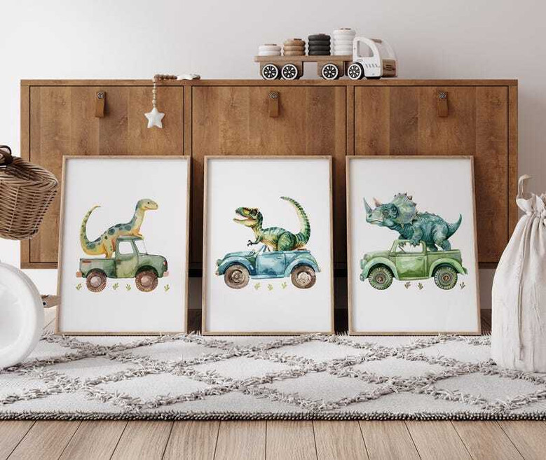Dinosaur nursery canvas art prints, set of 3 playful dinosaur illustrations for boys room decor in nursery or playroom