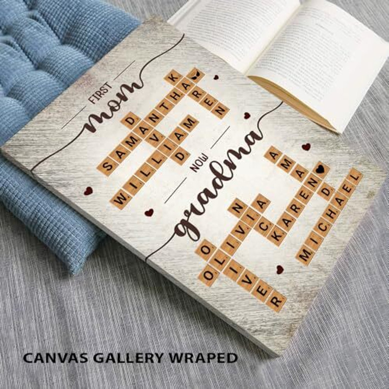 First Mom Now Grandma crossword canvas with personalized kid name tiles, family Scrabble theme, wall art gift for grandma