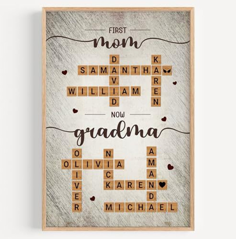Family Scrabble crossword canvas featuring custom kid names, First Mom Now Grandma theme, art gift for Mother's Day
