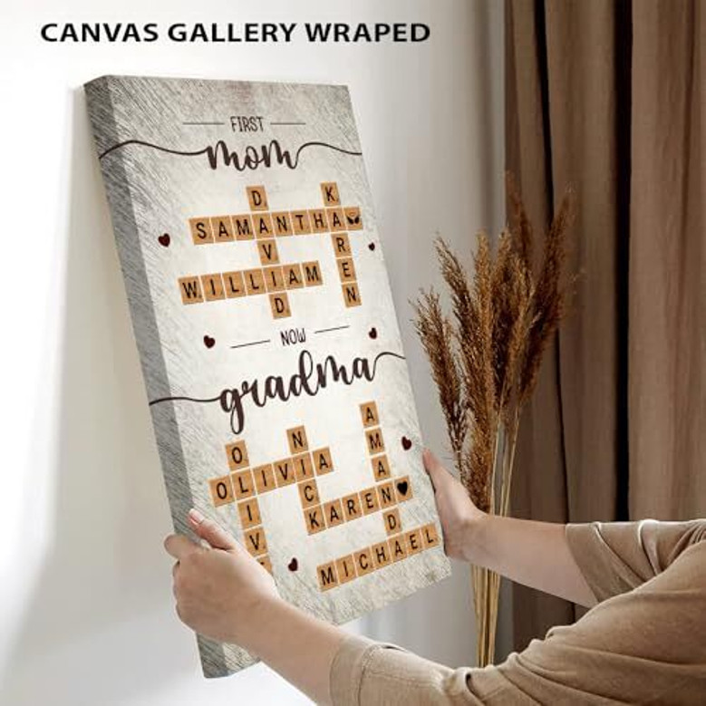 Family crossword names canvas with Scrabble-style letters, custom kids names, First Mom Now Grandma theme for Mother's Day