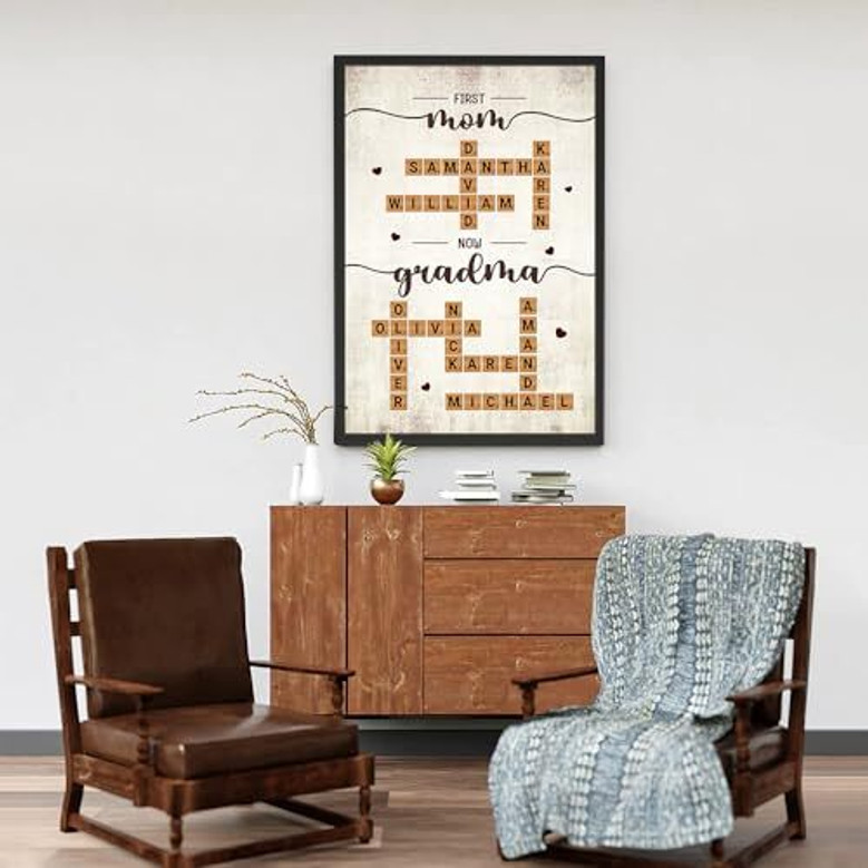 Kid names crossword canvas in Scrabble tile style, custom First Mom Now Grandma design, birthday gift for grandma or mom
