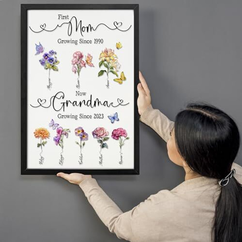 Grandma floral canvas featuring birth month blooms and custom grandkid names, rustic wood frame, portrait Mother's Day gift