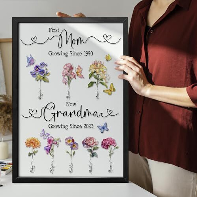 Grandma birth month flower canvas personalized with grandkid names, First Mom Now Grandma lettering, Mother's Day gift