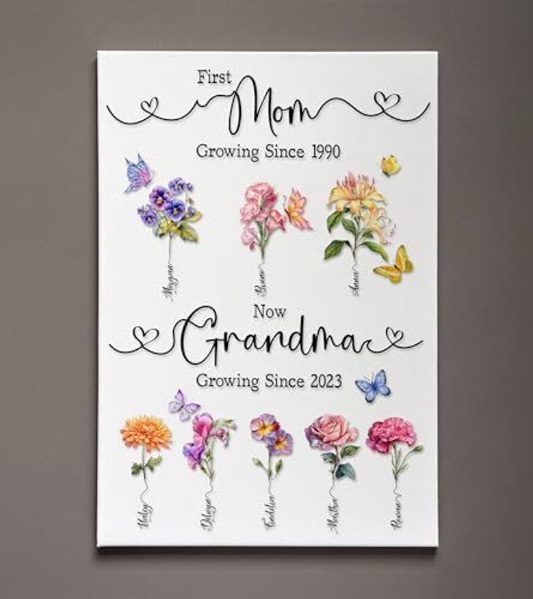 Grandma birth month blossom canvas customized with grandkids' names, modern script, landscape, Mother's Day gift