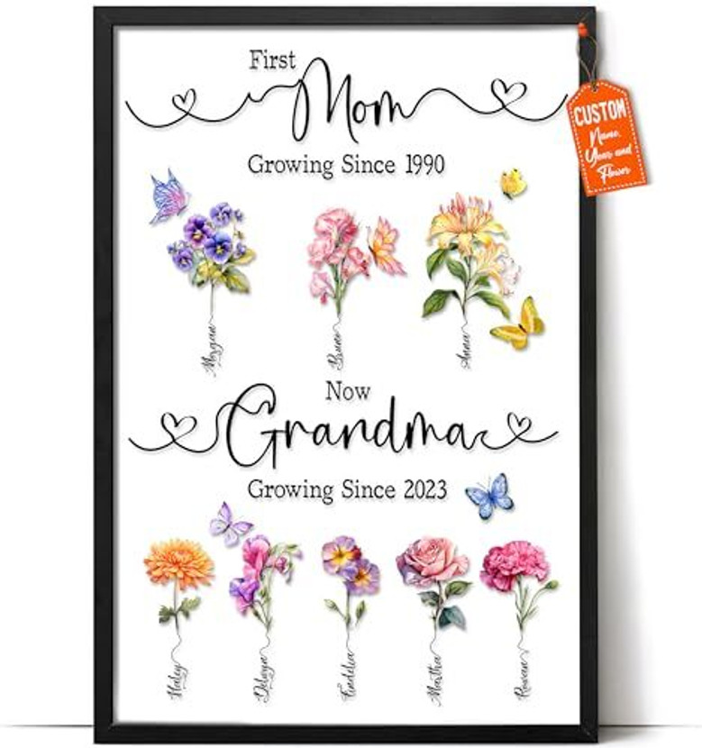 First Mom Now Grandma canvas with watercolor birth month flowers, custom grandkids' names, landscape, Mother's Day gift