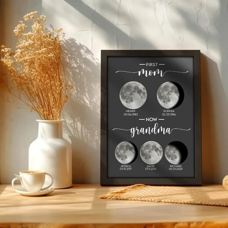 Custom birth moon phase canvas for Grandma with personalized names and birth date, a touching Mother’s Day keepsake wall art