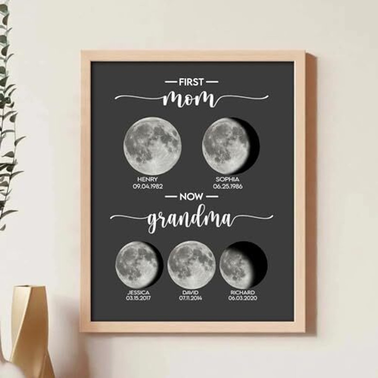 Custom birth moon phase canvas gift for Grandma, showing child’s birth date lunar phase with names for Mother’s Day