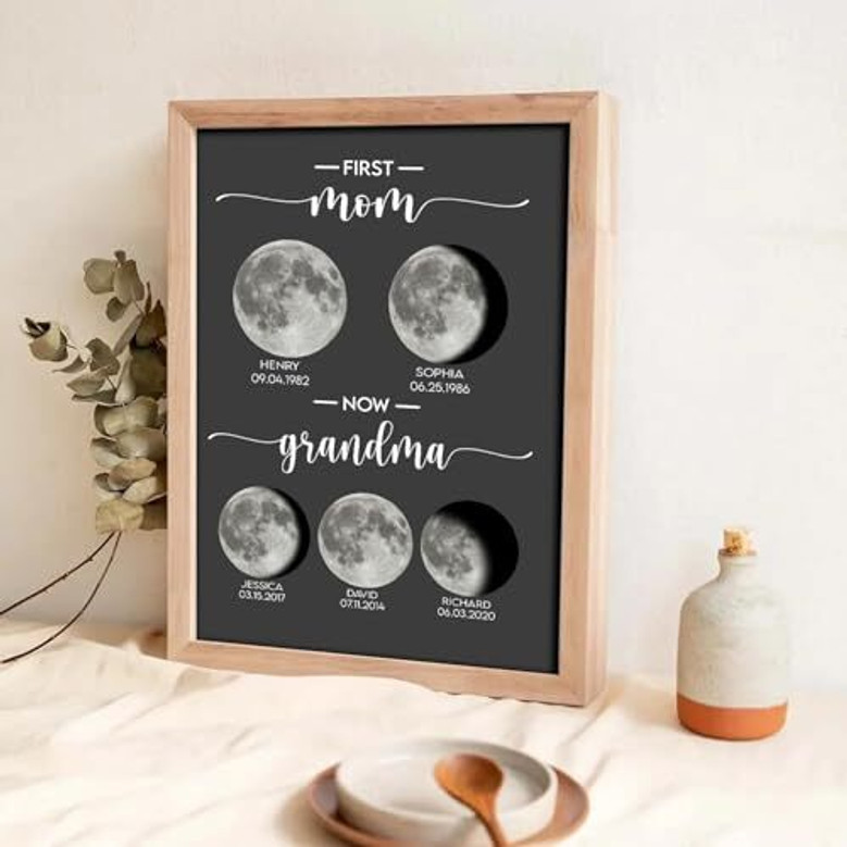 Custom birth moon phase canvas for a first mom now Grandma, includes the birth date’s lunar phase and personalized names