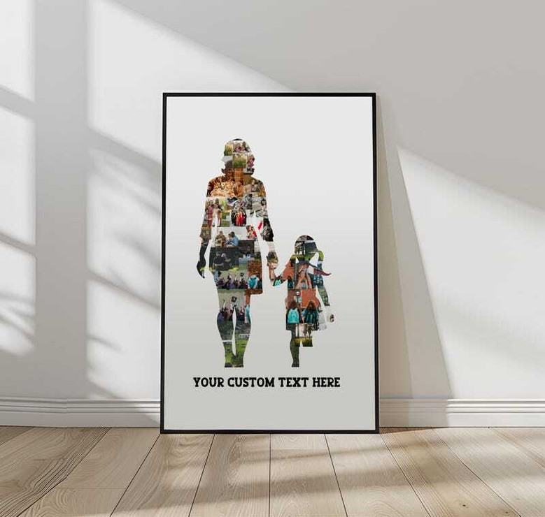 Touching mom and daughter collage canvas, heart-shaped photo layout in soft pastels; horizontal, personalized for stepmom