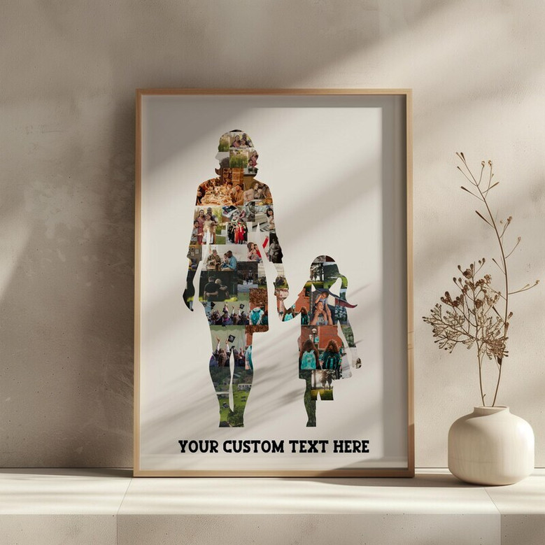 Touching mom and daughter collage canvas on rustic wood background, gallery-wrapped, Christmas gift from loving stepdaughter