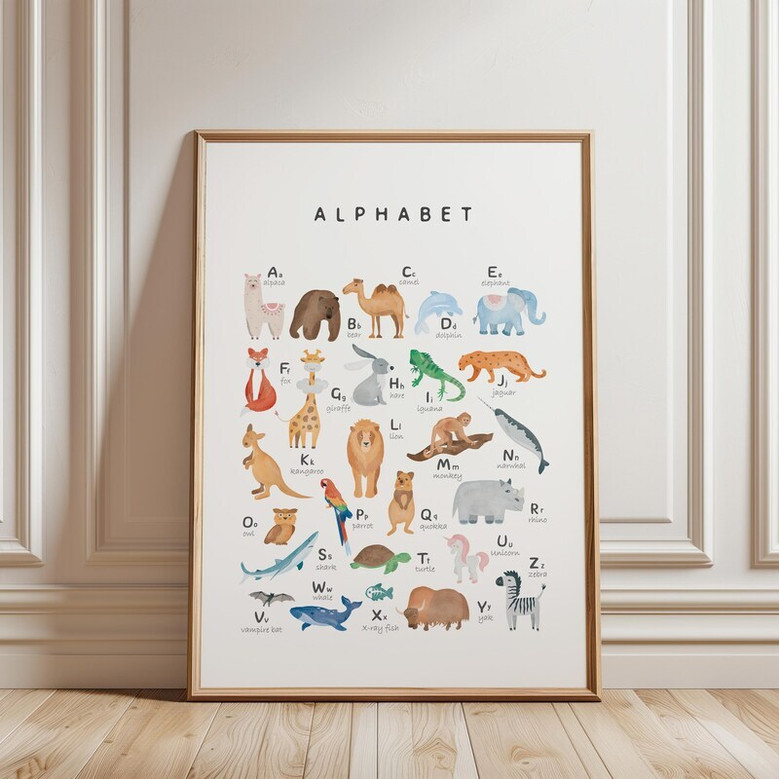 Animal alphabet canvas print in watercolor A-Z animals, pastel palette, perfect for nursery or playroom homeschool decor