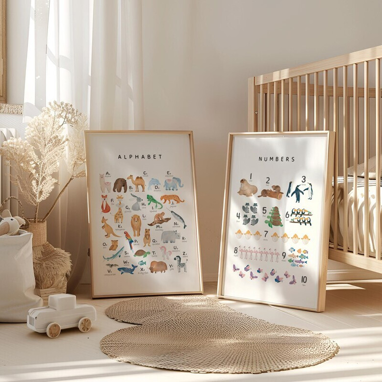 Animal alphabet canvas wall art with A-Z creatures in soft pastels, gallery-wrapped for nursery or playroom homeschool decor