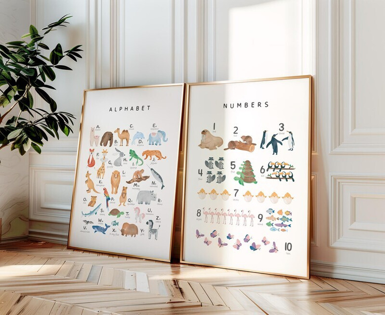 Animal alphabet canvas wall art in neutral earth tones, minimalist A-Z animals, portrait for Scandinavian nursery or playroom