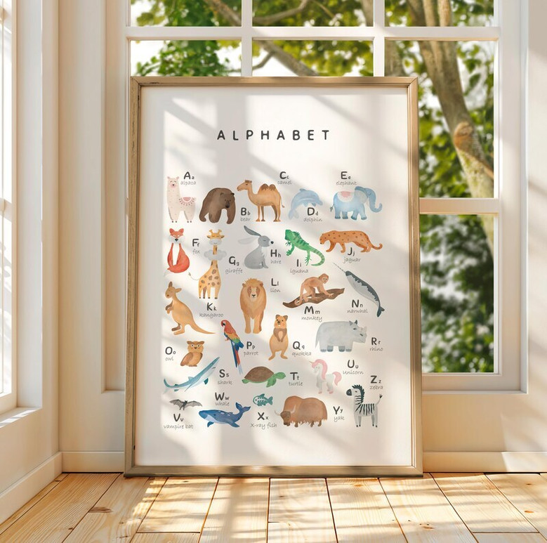 Animal alphabet canvas print on gallery-wrapped cotton, cream background, nursery wall art for early learning at home