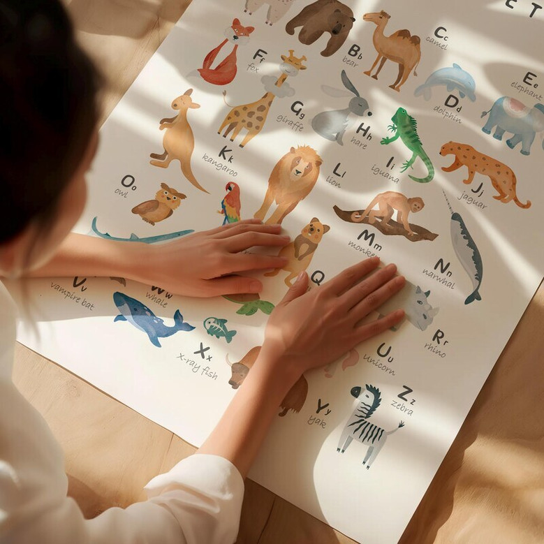 Animal alphabet canvas wall art with bold rainbow letters and cute creatures, landscape for playroom or homeschool room