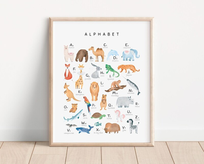 Animal alphabet canvas wall art with boho hues and playful illustrations, perfect playroom decor for toddlers and preschool