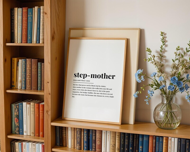 Stepped Up Mom canvas wall art, black and white minimalist typography; birthday gift for stepmom from stepson, portrait design Stepped Up Mom canvas wall art, black and white minimalist typography; birthday gift for stepmom from stepson, portrait design