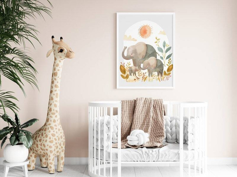 Elephant family canvas wall art for baby nursery, muted beige and gray safari print, gentle decor for a cozy kids space Elephant family canvas wall art for baby nursery, muted beige and gray safari print, gentle decor for a cozy kids space