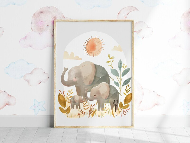 Elephant family canvas nursery wall art in neutral tones, safari theme decor for kids room, calming and gender-neutral Elephant family canvas nursery wall art in neutral tones, safari theme decor for kids room, calming and gender-neutral