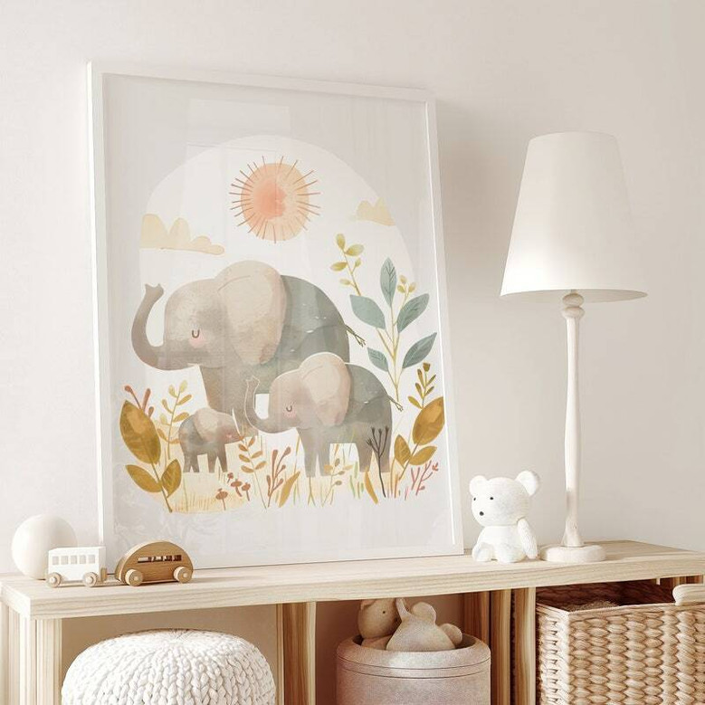 Elephant family canvas safari nursery wall art, soft taupe and gray tones, calming animal print for a gender-neutral room Elephant family canvas safari nursery wall art, soft taupe and gray tones, calming animal print for a gender-neutral room