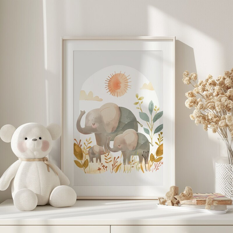Elephant family canvas safari theme print, neutral tones for nursery wall decor, minimalist animal art for children Elephant family canvas safari theme print, neutral tones for nursery wall decor, minimalist animal art for children