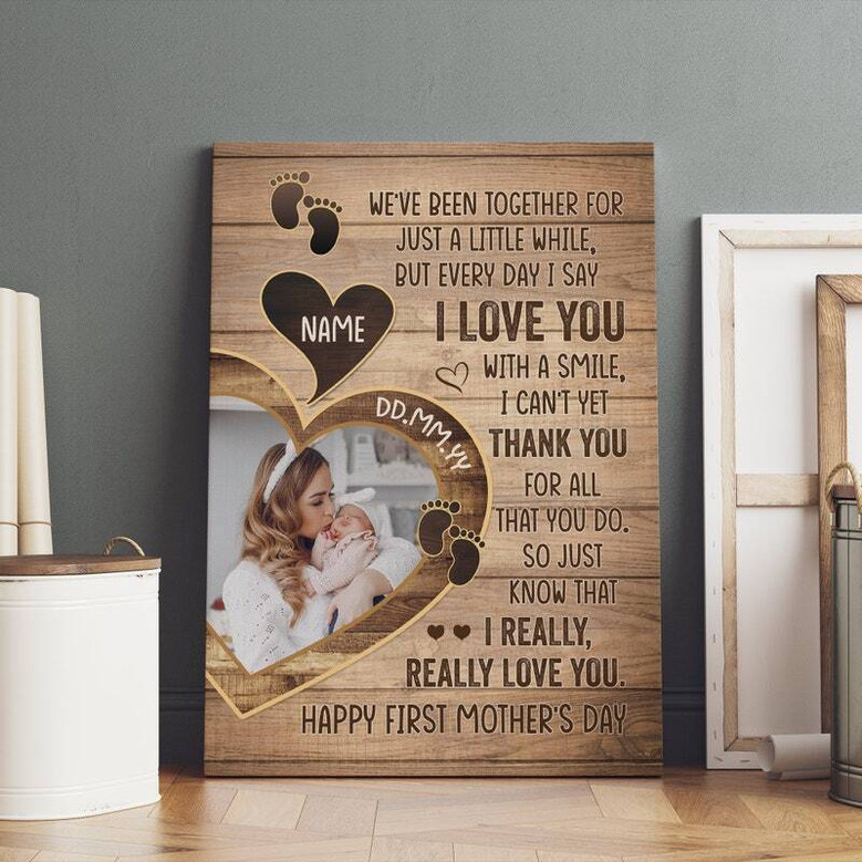 Heartfelt photo canvas for first Mother’s Day, custom baby photo, name and birth date, watercolor florals in sage, landscape