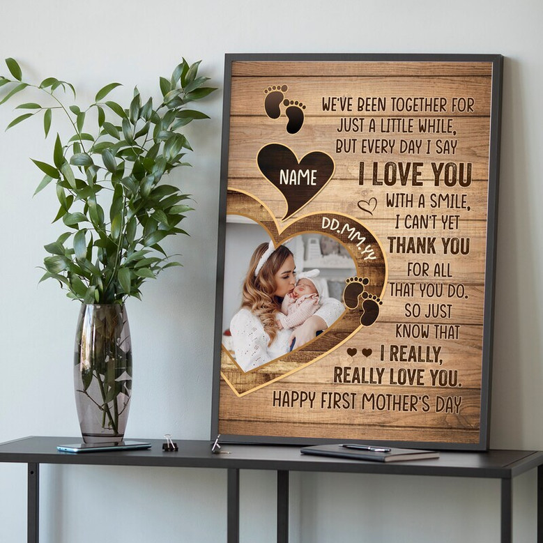 Heartfelt photo canvas for first Mother’s Day, mom and baby photo, names, date, navy accents, vertical, from baby and husband