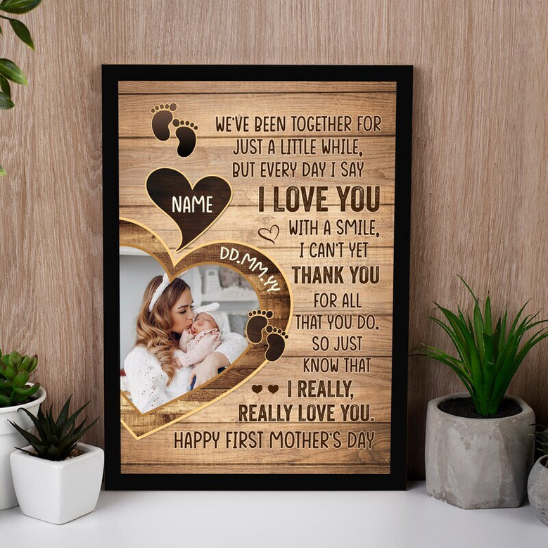 Heartfelt photo canvas for first Mother’s Day, custom baby photo, names and date, portrait layout, from baby and husband