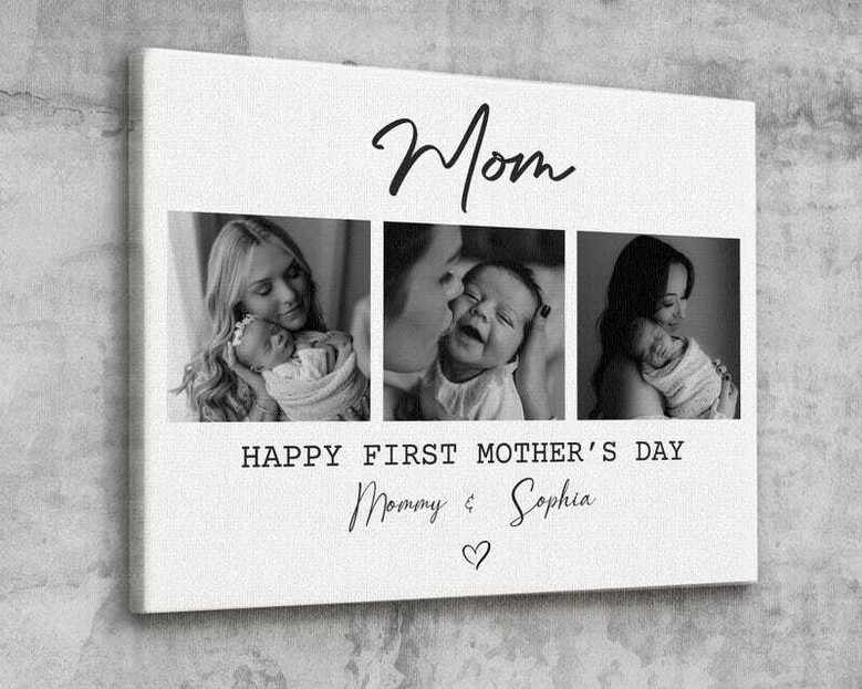 First Mother's Day canvas photo collage, custom wall art for new mom with cherished photos, sentimental living room decor