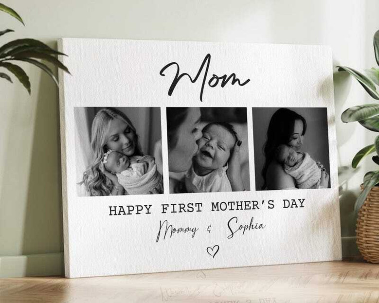 First Mother's Day canvas photo collage, personalized wall art with custom photos for new mom, perfect gift for nursery decor