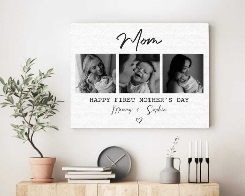 First Mother's Day canvas photo collage, custom multi-photo wall decor for new mom, personalized keepsake for living room