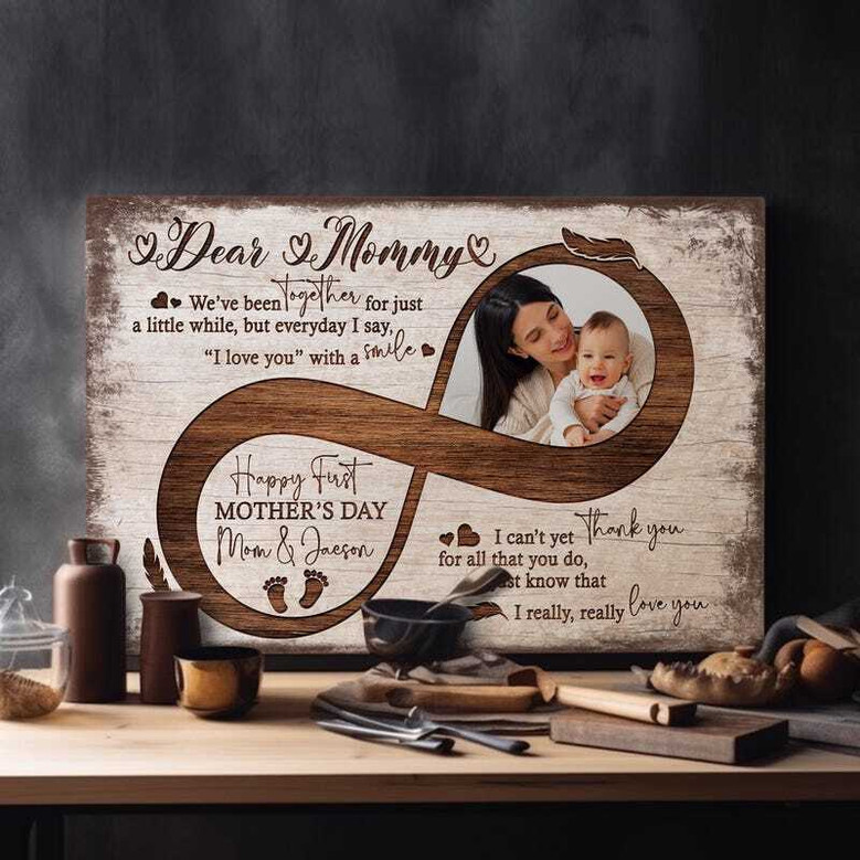 First Mother's Day canvas print with mother and baby, personalized names and date, sentimental husband-to-wife gift for the living room