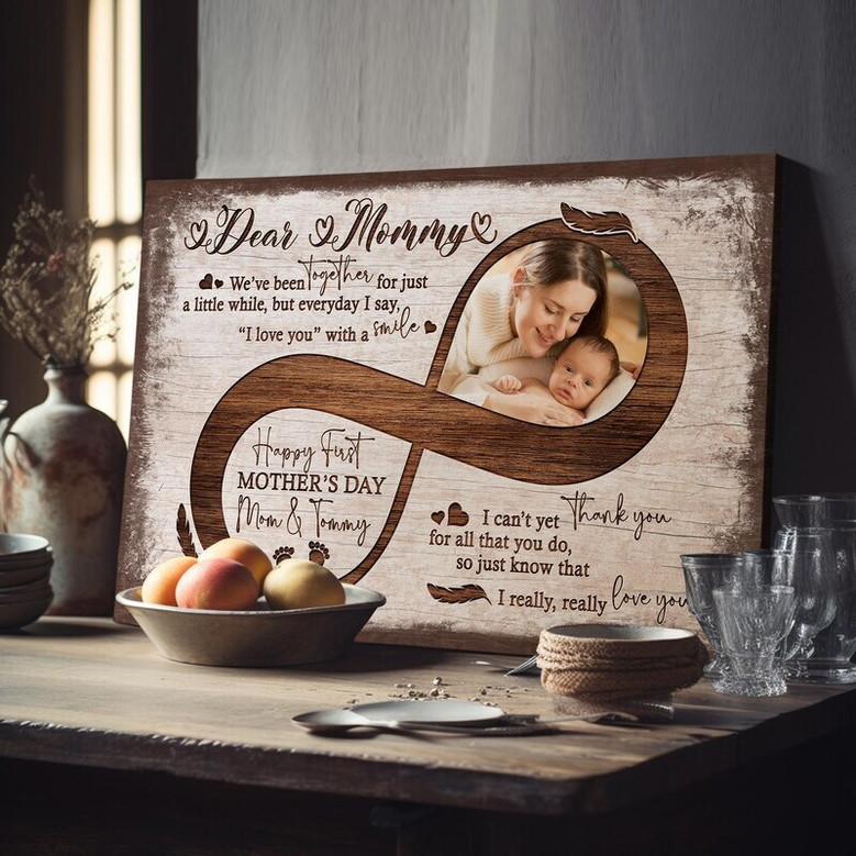 First Mother's Day canvas for new mom from husband, mother and baby art, personalized with names and date, ideal living room decor