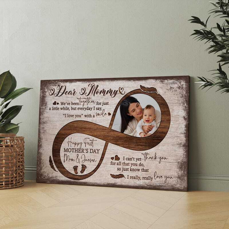 First Mother's Day wall art canvas for new mom, mother and baby motif, personalized names and date, thoughtful gift from husband