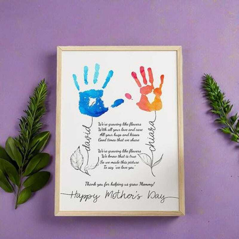 Mother's Day canvas print with children's handprints and poem, custom names and date, mixed script type, portrait