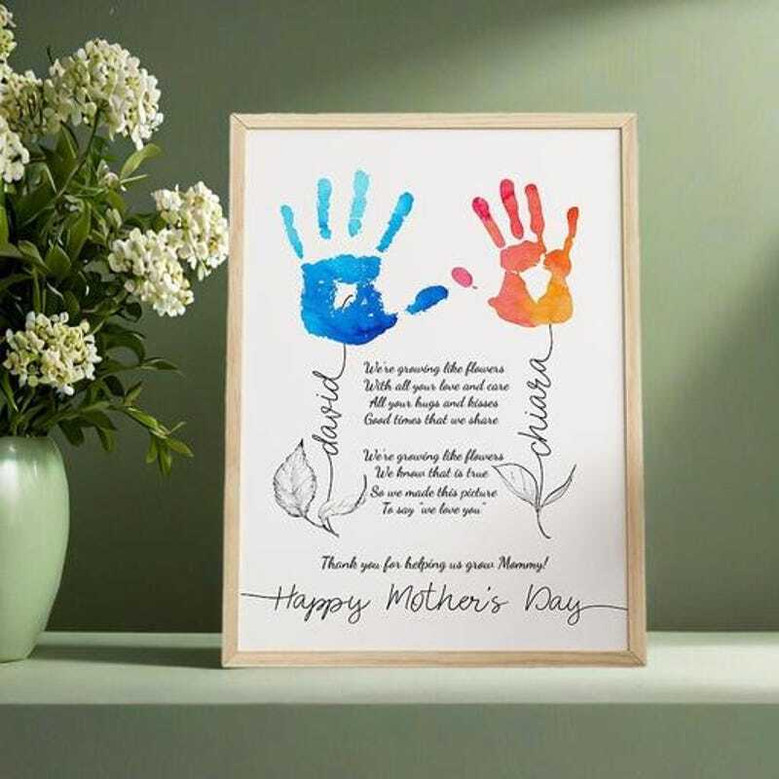 Mother's Day canvas showcasing kids' handprints around poem, custom names and date on white background, portrait