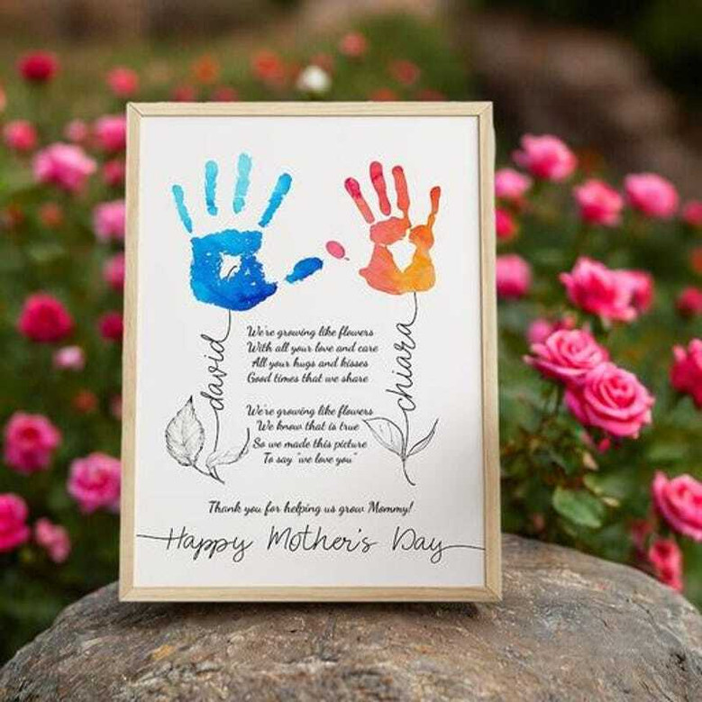 Mother's Day canvas with children's handprints and poem, grayscale palette, custom names and date, wood frame, gift for Mom