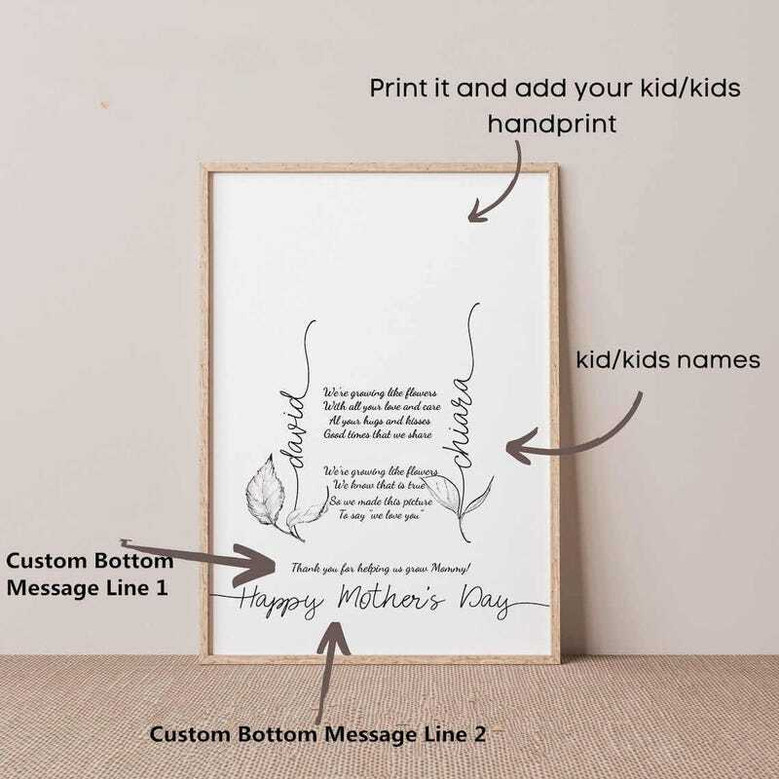 Mother's Day canvas with children's handprints and poem, floral border in pink and gold, custom names and date, portrait