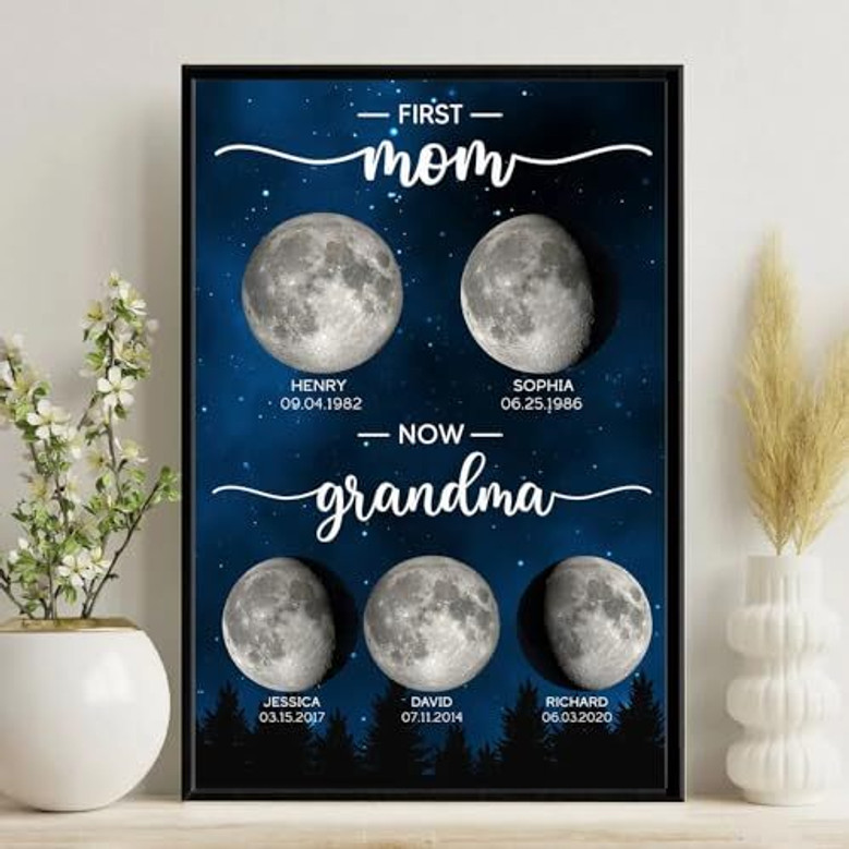 First Mom Now Grandma canvas featuring moon phases, personalized with names and dates, perfect Mother’s Day gift for grandma
