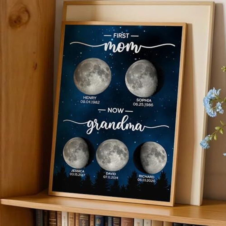 First Mom Now Grandma canvas with moon phase, custom names, neutral tones, sweet Mother’s Day wall decor for living room