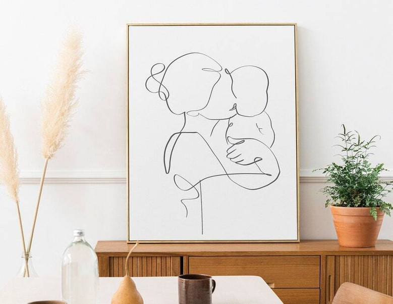 Touching mother and baby canvas print, personalized nursery decor with name, heartfelt Mother's Day gift for mom and newborn