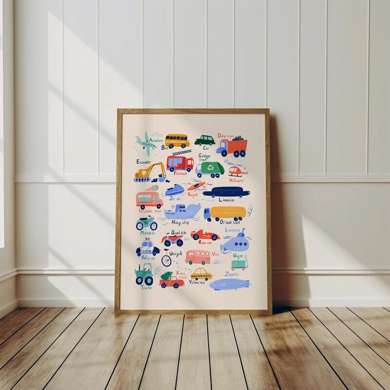 Vehicle alphabet canvas in watercolor, personalized with child’s name; A–Z transport for nursery decor or baby shower gift