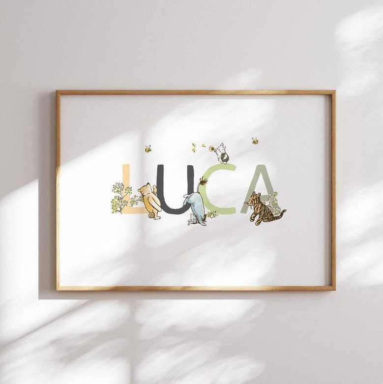 Storybook bear personalized nursery canvas, custom baby name wall art with classic typography, beige background, square format