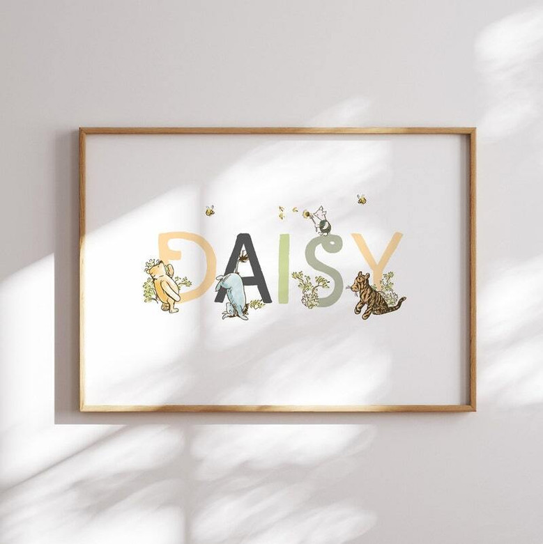 Storybook bear baby name canvas print, custom nursery wall art in pastel palette, portrait layout, ideal baby shower gift