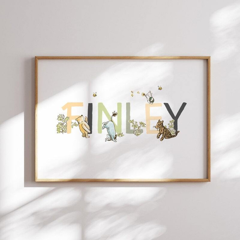 Classic storybook bear nursery canvas wall art, personalized with baby's name, vintage artwork in neutral tones, landscape